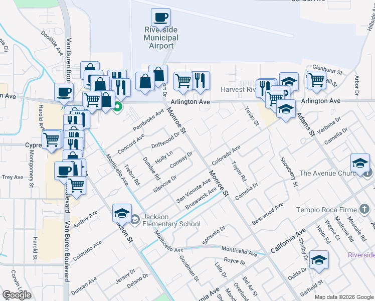map of restaurants, bars, coffee shops, grocery stores, and more near 8745 Conway Drive in Riverside