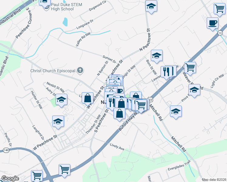 map of restaurants, bars, coffee shops, grocery stores, and more near 15B South Peachtree Street in Norcross