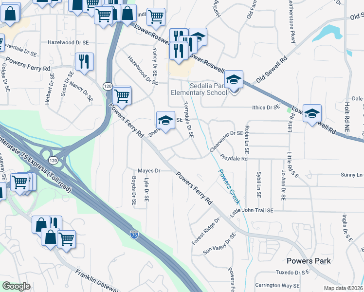 map of restaurants, bars, coffee shops, grocery stores, and more near 2077 Clearwater Drive Southeast in Marietta