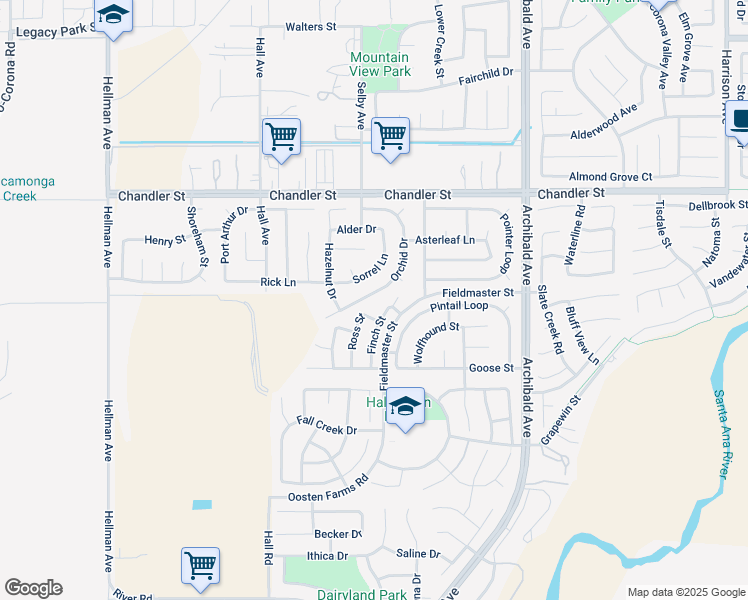 map of restaurants, bars, coffee shops, grocery stores, and more near 8048 Orchid Drive in Corona