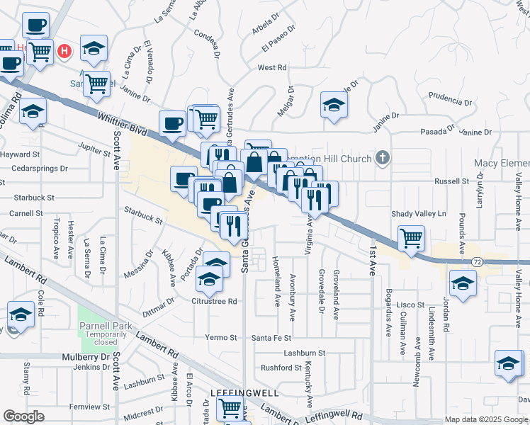 map of restaurants, bars, coffee shops, grocery stores, and more near 10360 Santa Gertrudes Avenue in Whittier