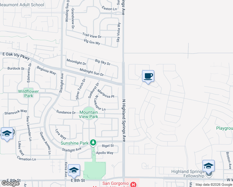 map of restaurants, bars, coffee shops, grocery stores, and more near 1317 Daisy Drive in Beaumont