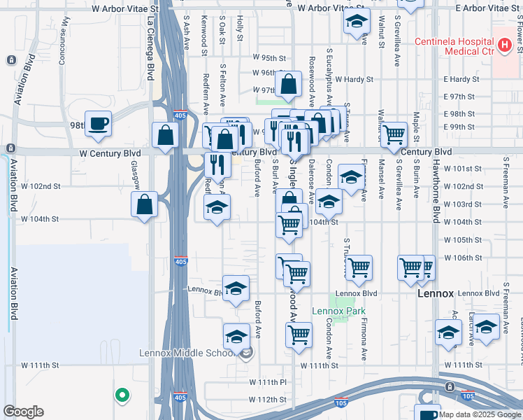 map of restaurants, bars, coffee shops, grocery stores, and more near 10330 Buford Avenue in Inglewood