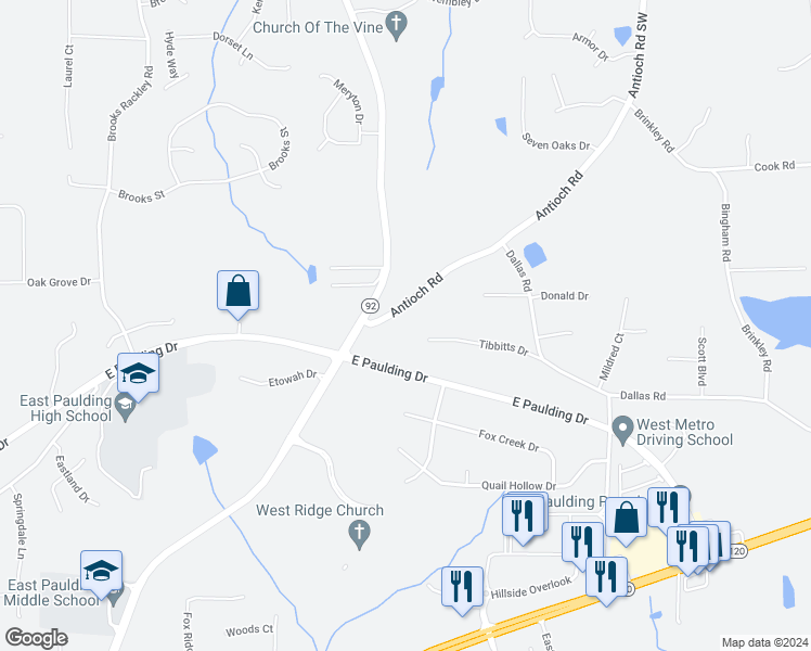 map of restaurants, bars, coffee shops, grocery stores, and more near 112 Antioch Road in Dallas