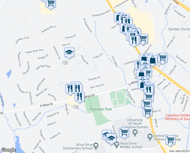map of restaurants, bars, coffee shops, grocery stores, and more near 105 Thomas Drive in Sumter