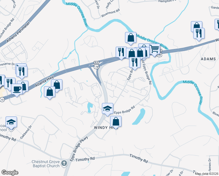 map of restaurants, bars, coffee shops, grocery stores, and more near 232 Epps Bridge Road in Athens