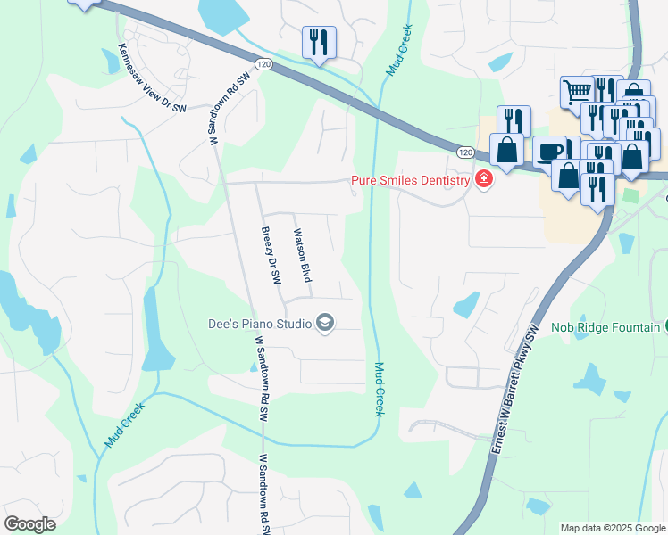 map of restaurants, bars, coffee shops, grocery stores, and more near 451 Karl Court in Marietta