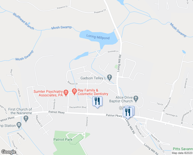 map of restaurants, bars, coffee shops, grocery stores, and more near 3430 Landmark Drive in Sumter