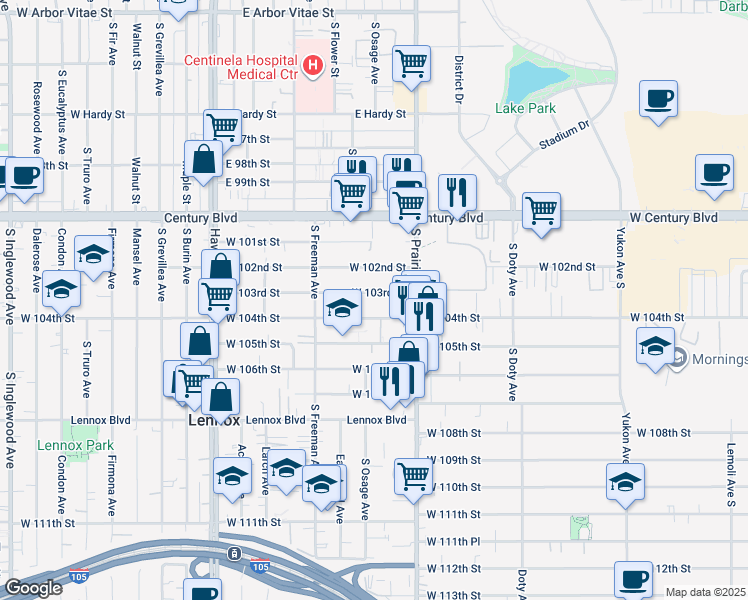 map of restaurants, bars, coffee shops, grocery stores, and more near 4052 West 103rd Street in Inglewood