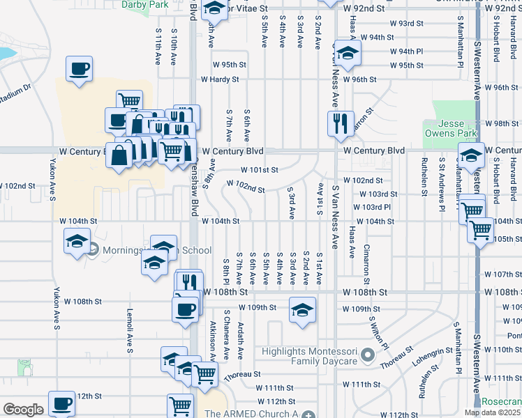 map of restaurants, bars, coffee shops, grocery stores, and more near 10252 South 6th Avenue in Inglewood
