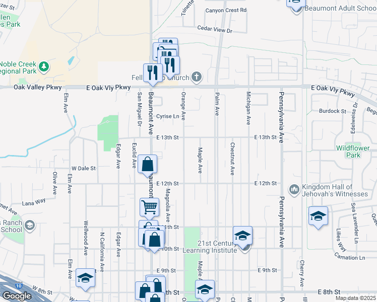 map of restaurants, bars, coffee shops, grocery stores, and more near 1255 Orange Avenue in Beaumont