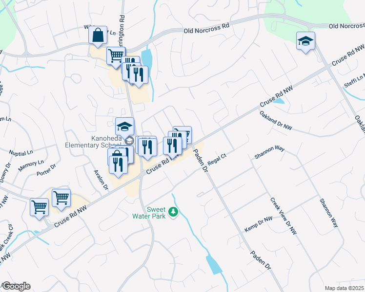 map of restaurants, bars, coffee shops, grocery stores, and more near 3200 Binghampton Lane in Lawrenceville