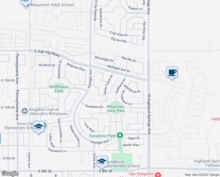 map of restaurants, bars, coffee shops, grocery stores, and more near 1281 Smoke Tree Lane in Beaumont