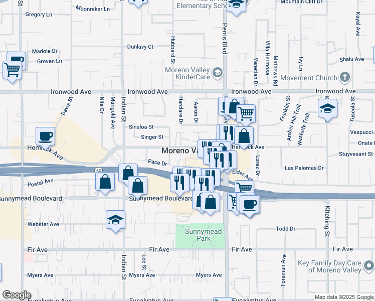 map of restaurants, bars, coffee shops, grocery stores, and more near 24281 Atwood Avenue in Moreno Valley