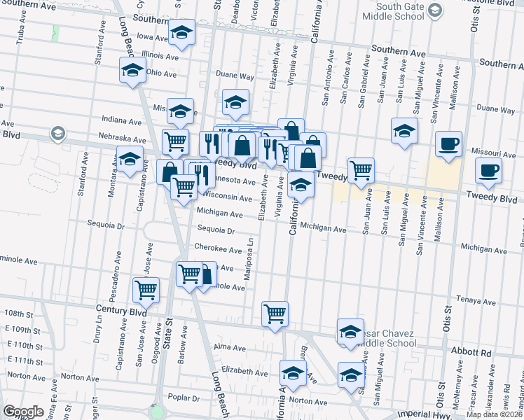 map of restaurants, bars, coffee shops, grocery stores, and more near 3358A Michigan Avenue in South Gate