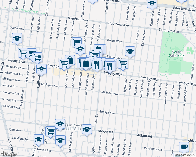 map of restaurants, bars, coffee shops, grocery stores, and more near 10007 Otis Street in South Gate