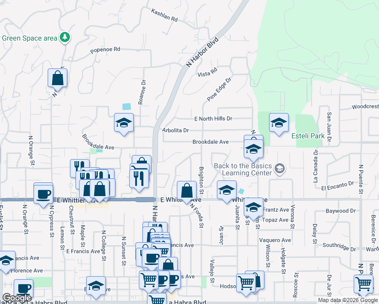 map of restaurants, bars, coffee shops, grocery stores, and more near 1060 North Fonda Street in La Habra
