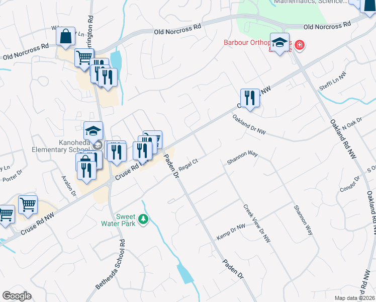 map of restaurants, bars, coffee shops, grocery stores, and more near 860 Regency Court Northwest in Lawrenceville