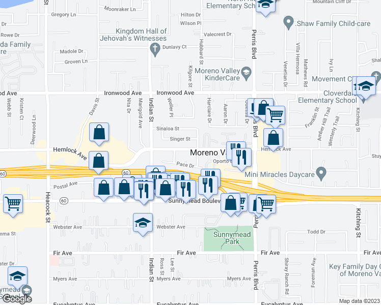 map of restaurants, bars, coffee shops, grocery stores, and more near 24681 Hemlock Avenue in Moreno Valley