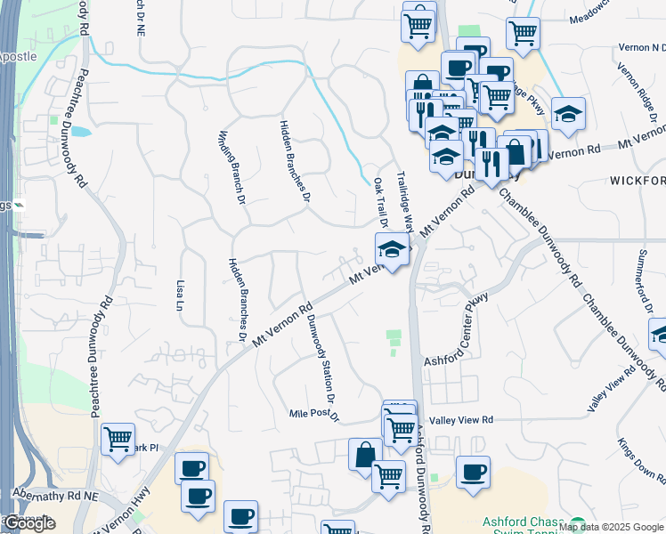 map of restaurants, bars, coffee shops, grocery stores, and more near 1128 Bellewood Square in Dunwoody