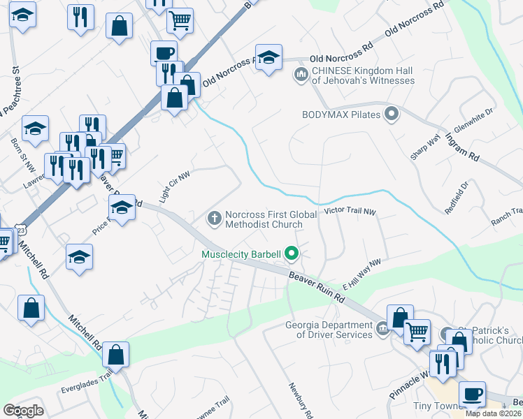 map of restaurants, bars, coffee shops, grocery stores, and more near 2472 Westhill Court Northwest in Norcross