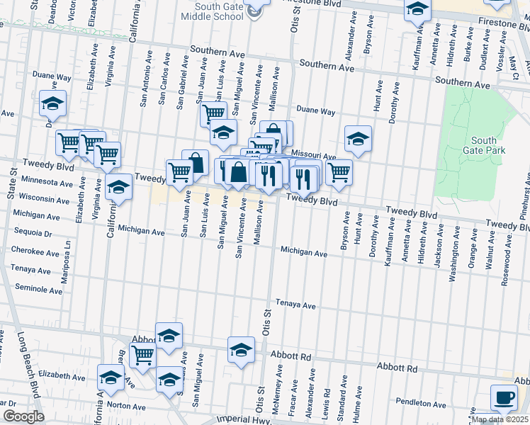 map of restaurants, bars, coffee shops, grocery stores, and more near 10024 Mallison Avenue in South Gate