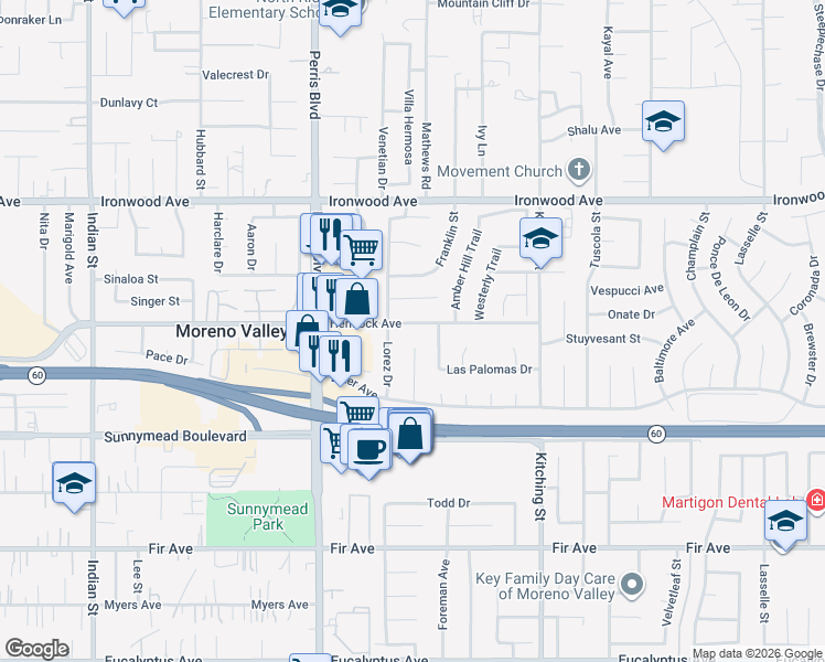 map of restaurants, bars, coffee shops, grocery stores, and more near 25215 Hemlock Avenue in Moreno Valley