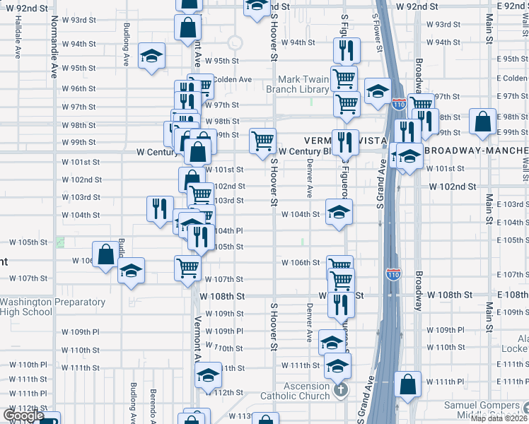map of restaurants, bars, coffee shops, grocery stores, and more near 715 West 104th Street in Los Angeles