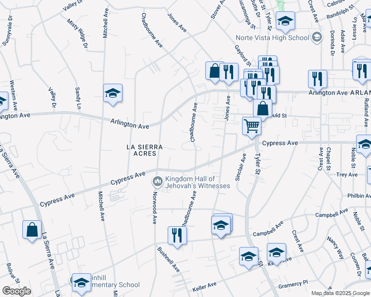 map of restaurants, bars, coffee shops, grocery stores, and more near 6116 Chadbourne Avenue in Riverside