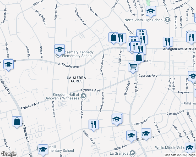 map of restaurants, bars, coffee shops, grocery stores, and more near 6116 Chadbourne Avenue in Riverside