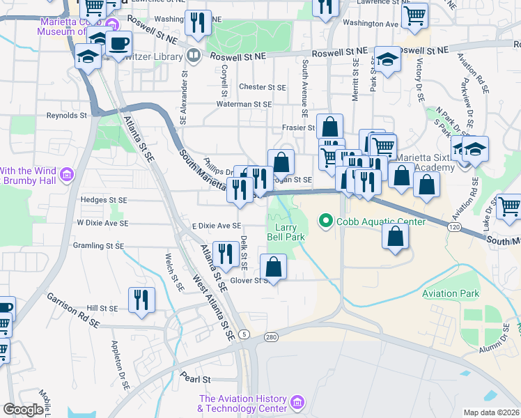 map of restaurants, bars, coffee shops, grocery stores, and more near 439 East Dixie Avenue Southeast in Marietta