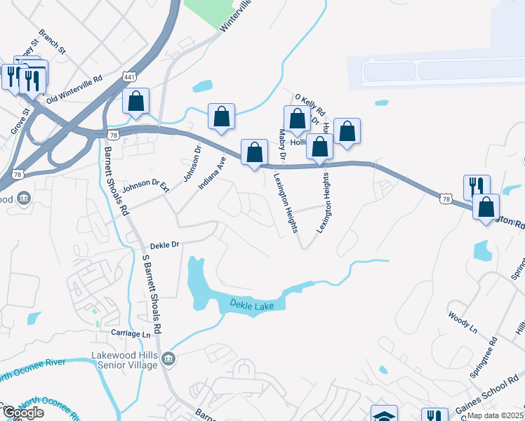 map of restaurants, bars, coffee shops, grocery stores, and more near 1940 Lexington Road in Athens