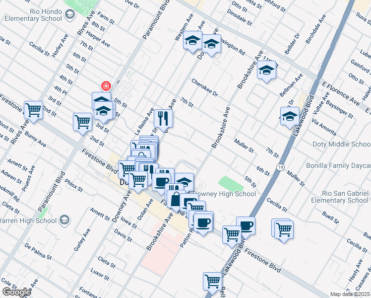 map of restaurants, bars, coffee shops, grocery stores, and more near 8363 La Villa Street in Downey