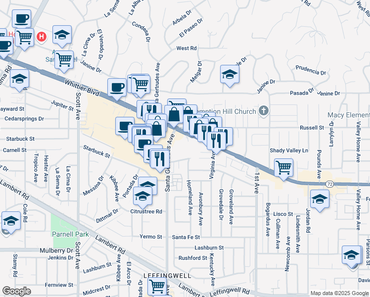 map of restaurants, bars, coffee shops, grocery stores, and more near 10360 Santa Gertrudes Avenue in Whittier