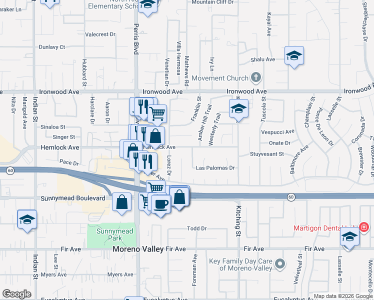 map of restaurants, bars, coffee shops, grocery stores, and more near 12299 Vista Hermosa Drive in Moreno Valley