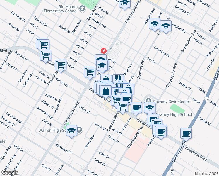 map of restaurants, bars, coffee shops, grocery stores, and more near 11021 La Reina Avenue in Downey