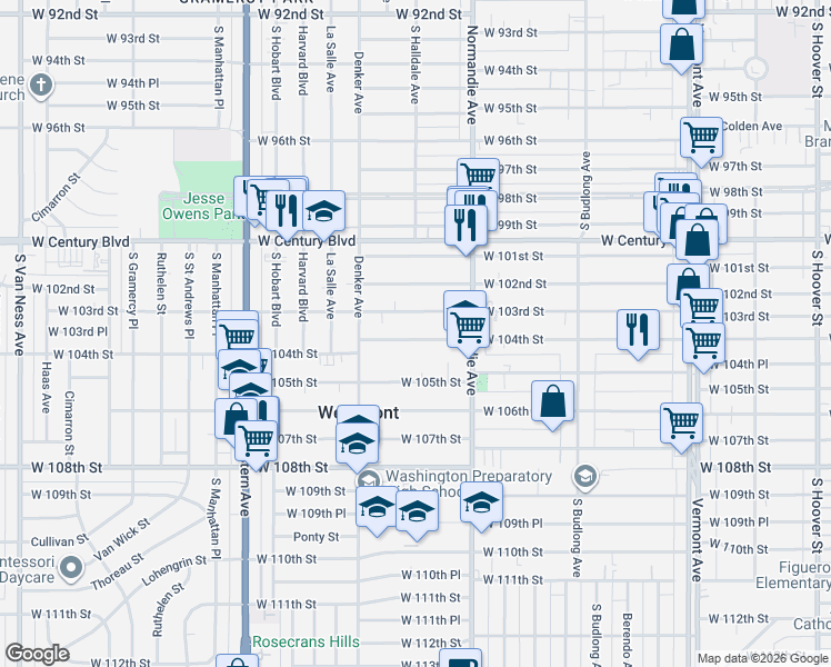 map of restaurants, bars, coffee shops, grocery stores, and more near 1448 West 104th Street in Los Angeles
