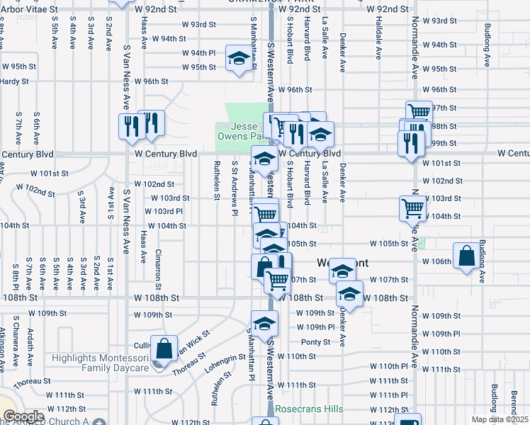 map of restaurants, bars, coffee shops, grocery stores, and more near 10355 South Western Avenue in Los Angeles