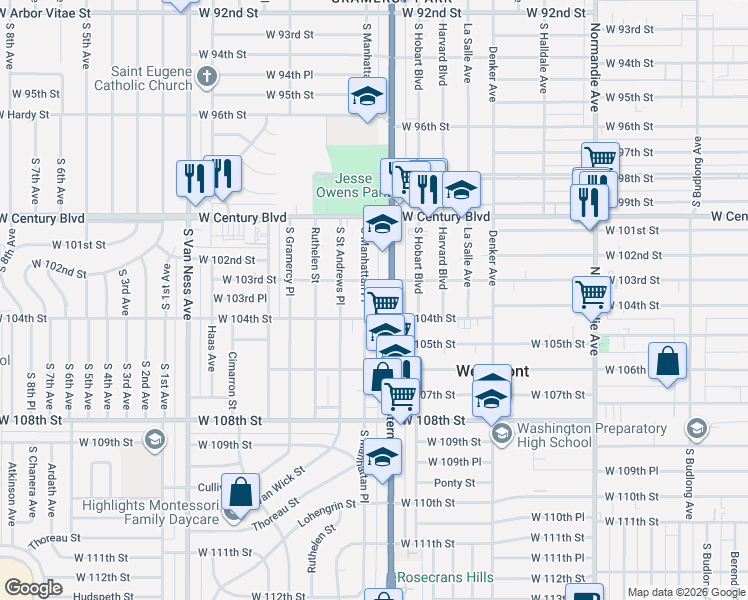 map of restaurants, bars, coffee shops, grocery stores, and more near 10355 South Western Avenue in Los Angeles