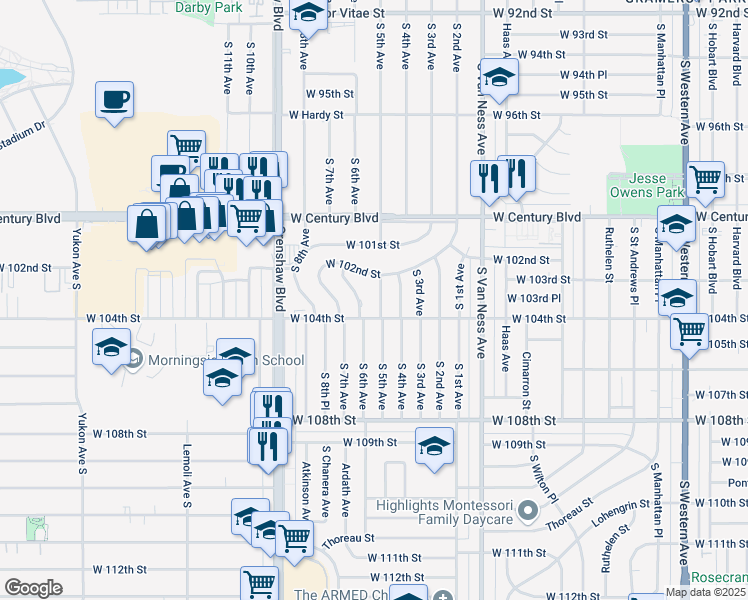 map of restaurants, bars, coffee shops, grocery stores, and more near 10252 South 6th Avenue in Inglewood