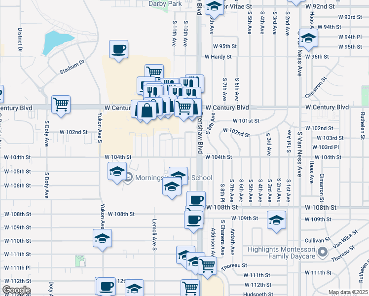 map of restaurants, bars, coffee shops, grocery stores, and more near 10242 South 10th Avenue in Inglewood