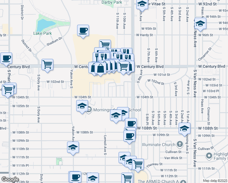 map of restaurants, bars, coffee shops, grocery stores, and more near 3301 West 104th Street in Inglewood