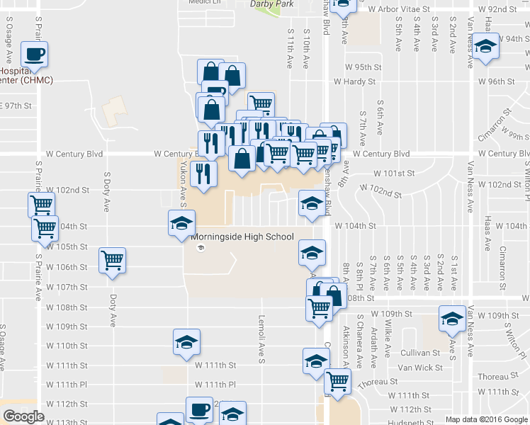 map of restaurants, bars, coffee shops, grocery stores, and more near 3319 West 104th Street in Inglewood