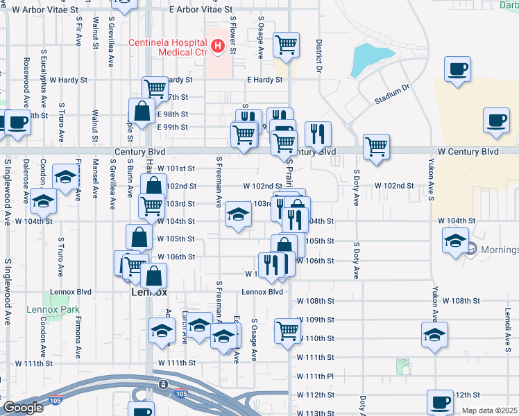 map of restaurants, bars, coffee shops, grocery stores, and more near 4043 West 104th Street in Inglewood