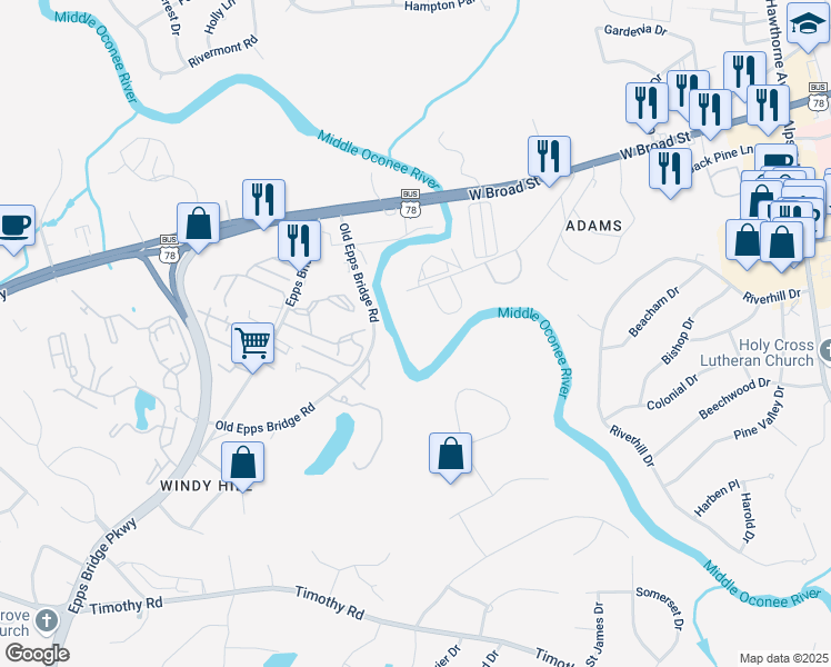 map of restaurants, bars, coffee shops, grocery stores, and more near 130 Tanner Bluff Rd in Athens