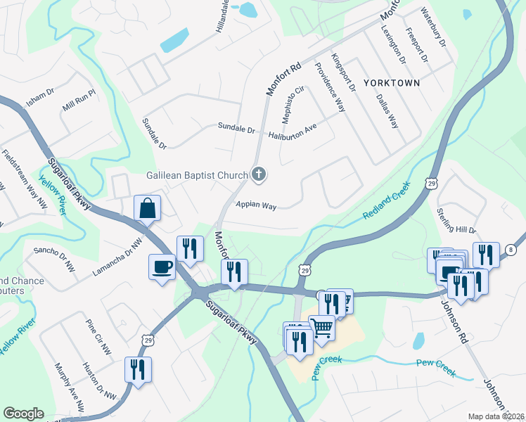 map of restaurants, bars, coffee shops, grocery stores, and more near 1401 Charter Oaks Lane in Lawrenceville
