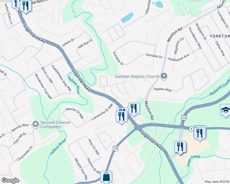 map of restaurants, bars, coffee shops, grocery stores, and more near 847 Parc River Boulevard in Lawrenceville