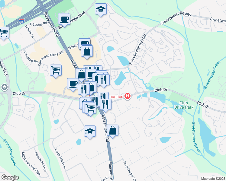 map of restaurants, bars, coffee shops, grocery stores, and more near 3541 Club Drive in Lawrenceville