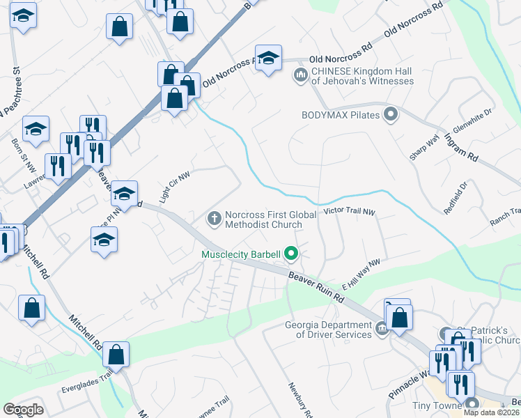 map of restaurants, bars, coffee shops, grocery stores, and more near 2472 Westhill Court Northwest in Norcross