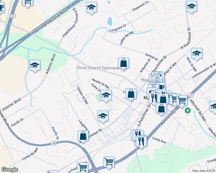 map of restaurants, bars, coffee shops, grocery stores, and more near 5981 Brundage Lane in Norcross